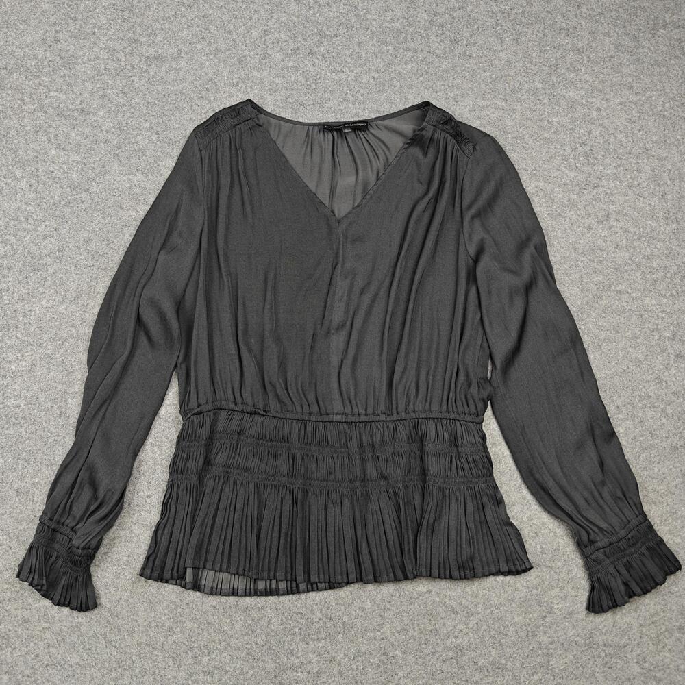 Catherine Malandrino Blouse Womens Large Black Chiffon Tunic Pleated Ruffle